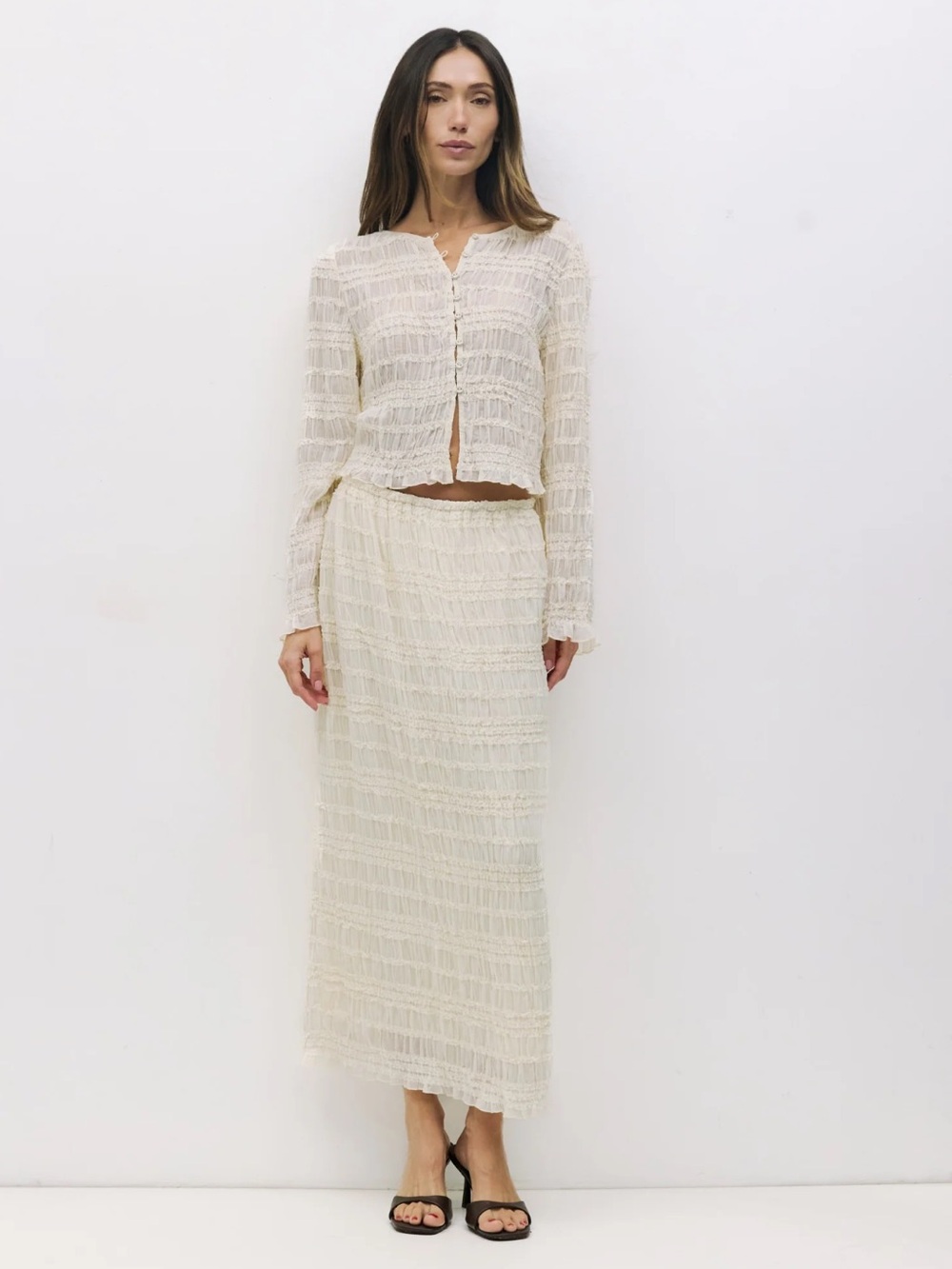 All Row Light Cream Ruffled Button-Front Women’s Top and Skirt Set